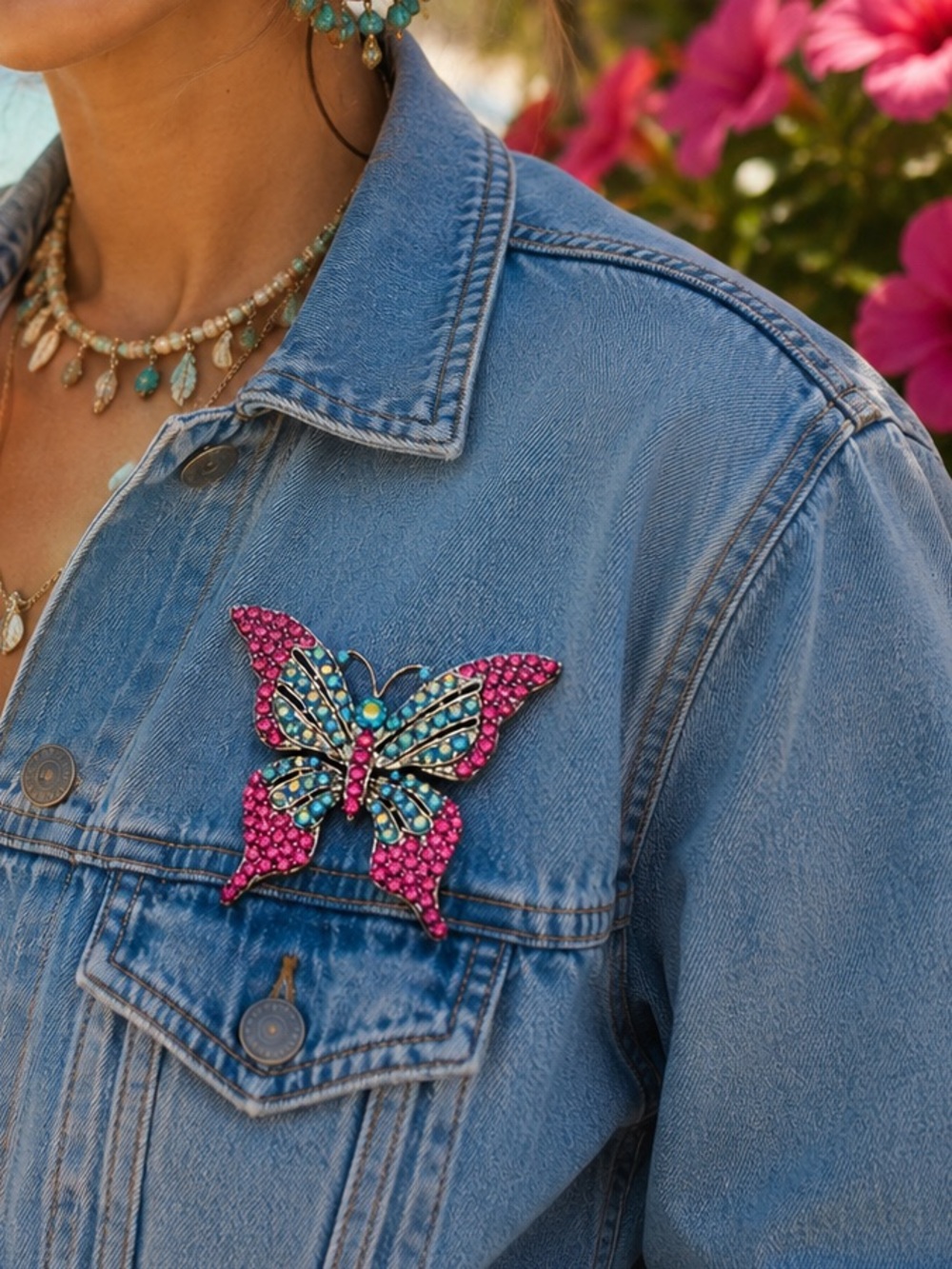 NWT Large Butterfly Brooch Fuchsia Turquoise Sparkling Rhinestones Great Gift🦋🌴🌺
